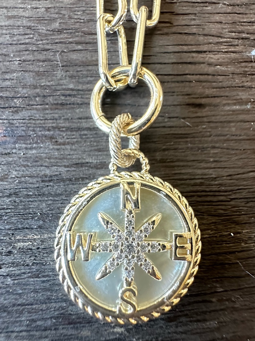 Gold with mother of pearl Compass Pendant Necklace with Crystal Star